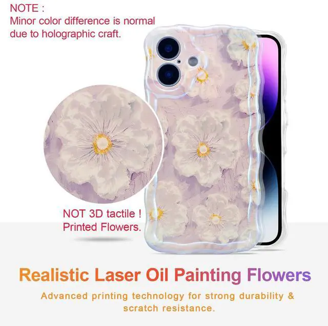 Alt view image 2 of 7 - SOEWIOU Case for iPhone 16 Plus, Colorful Retro Oil Painting Flower Laser Glossy Pattern Cute Curly Wave Edge Exquisite Phone Cover Stylish Durable TPU Protective Case for Girl Women - Light Purple