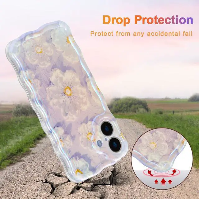 Alt view image 3 of 7 - SOEWIOU Case for iPhone 16 Plus, Colorful Retro Oil Painting Flower Laser Glossy Pattern Cute Curly Wave Edge Exquisite Phone Cover Stylish Durable TPU Protective Case for Girl Women - Light Purple