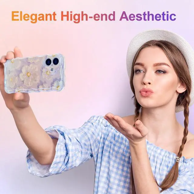 Alt view image 7 of 7 - SOEWIOU Case for iPhone 16 Plus, Colorful Retro Oil Painting Flower Laser Glossy Pattern Cute Curly Wave Edge Exquisite Phone Cover Stylish Durable TPU Protective Case for Girl Women - Light Purple