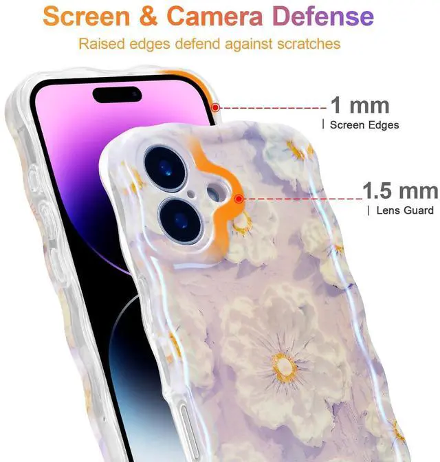 Alt view image 4 of 7 - SOEWIOU Case for iPhone 16 Plus, Colorful Retro Oil Painting Flower Laser Glossy Pattern Cute Curly Wave Edge Exquisite Phone Cover Stylish Durable TPU Protective Case for Girl Women - Light Purple