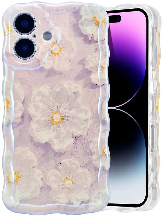 Main image of SOEWIOU Case for iPhone 16 Plus, Colorful Retro Oil Painting Flower Laser Glossy Pattern Cute Curly Wave Edge Exquisite Phone Cover Stylish Durable TPU Protective Case for Girl Women - Light Purple