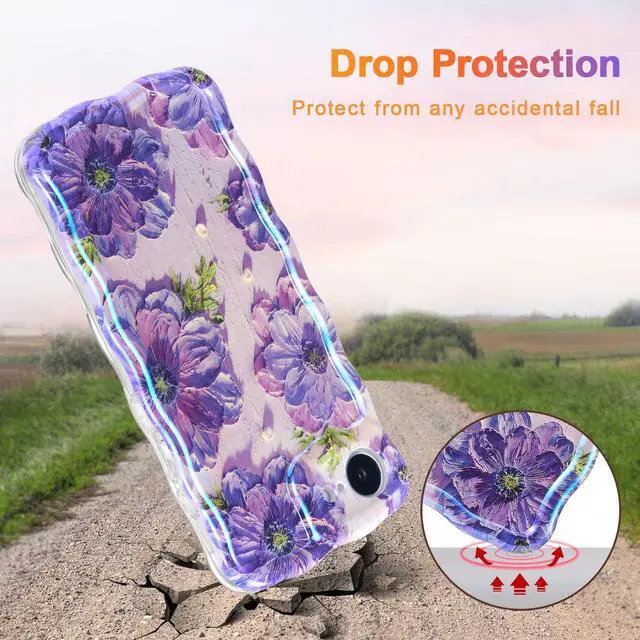 Alt view image 3 of 7 - SOEWIOU Case for iPhone 16e, Colorful Retro Oil Painting Printed Flower Laser Glossy Pattern Cute Curly Wave Edge Exquisite Phone Cover Stylish Durable TPU Protective Case for Girl Women - Purple