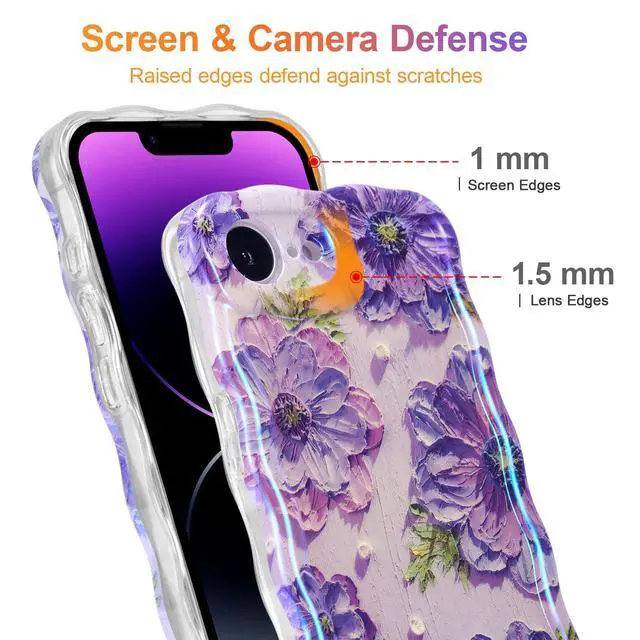 Alt view image 4 of 7 - SOEWIOU Case for iPhone 16e, Colorful Retro Oil Painting Printed Flower Laser Glossy Pattern Cute Curly Wave Edge Exquisite Phone Cover Stylish Durable TPU Protective Case for Girl Women - Purple