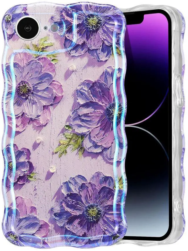 Main image of SOEWIOU Case for iPhone 16e, Colorful Retro Oil Painting Printed Flower Laser Glossy Pattern Cute Curly Wave Edge Exquisite Phone Cover Stylish Durable TPU Protective Case for Girl Women - Purple