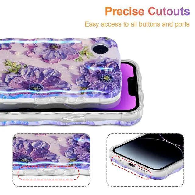 Alt view image 5 of 7 - SOEWIOU Case for iPhone 16e, Colorful Retro Oil Painting Printed Flower Laser Glossy Pattern Cute Curly Wave Edge Exquisite Phone Cover Stylish Durable TPU Protective Case for Girl Women - Purple