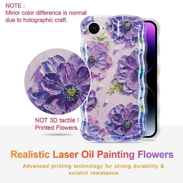 Alt view image 2 of 7 - SOEWIOU Case for iPhone 16e, Colorful Retro Oil Painting Printed Flower Laser Glossy Pattern Cute Curly Wave Edge Exquisite Phone Cover Stylish Durable TPU Protective Case for Girl Women - Purple