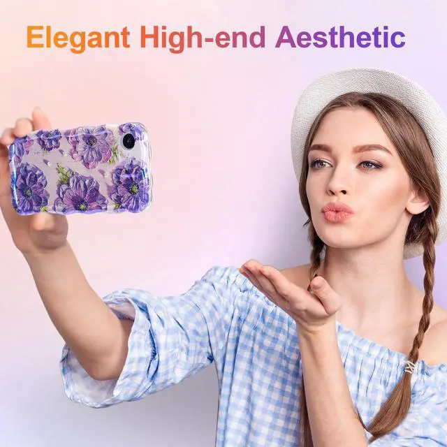 Alt view image 7 of 7 - SOEWIOU Case for iPhone 16e, Colorful Retro Oil Painting Printed Flower Laser Glossy Pattern Cute Curly Wave Edge Exquisite Phone Cover Stylish Durable TPU Protective Case for Girl Women - Purple
