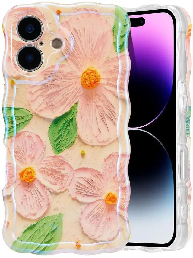 Main image of SOEWIOU Case for iPhone 17, Colorful Retro Oil Painting Flower Leaf Laser Glossy Pattern Cute Curly Waves Edge Exquisite Phone Cover Stylish Durable TPU Protective Case for Women - Pink Green