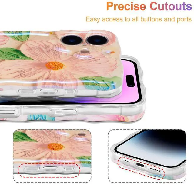 Alt view image 5 of 7 - SOEWIOU Case for iPhone 17, Colorful Retro Oil Painting Flower Leaf Laser Glossy Pattern Cute Curly Waves Edge Exquisite Phone Cover Stylish Durable TPU Protective Case for Women - Pink Green