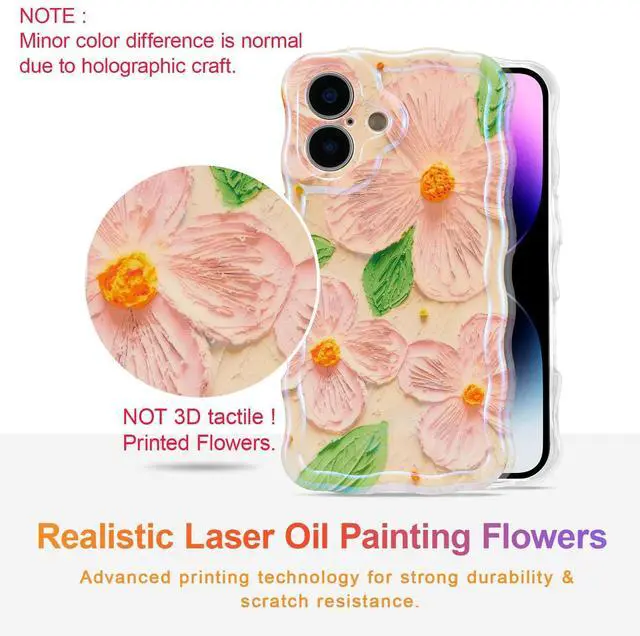 Alt view image 2 of 7 - SOEWIOU Case for iPhone 17, Colorful Retro Oil Painting Flower Leaf Laser Glossy Pattern Cute Curly Waves Edge Exquisite Phone Cover Stylish Durable TPU Protective Case for Women - Pink Green