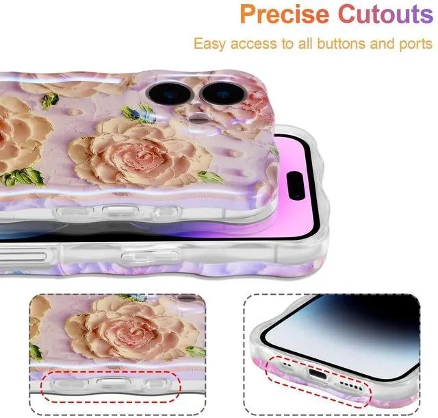 Alt view image 5 of 7 - SOEWIOU Case for iPhone 16 Plus, Colorful Retro Oil Painting Flower Laser Glossy Pattern Cute Curly Wave Edge Exquisite Phone Cover Stylish Durable TPU Protective Case for Girl Women - Pink Peony