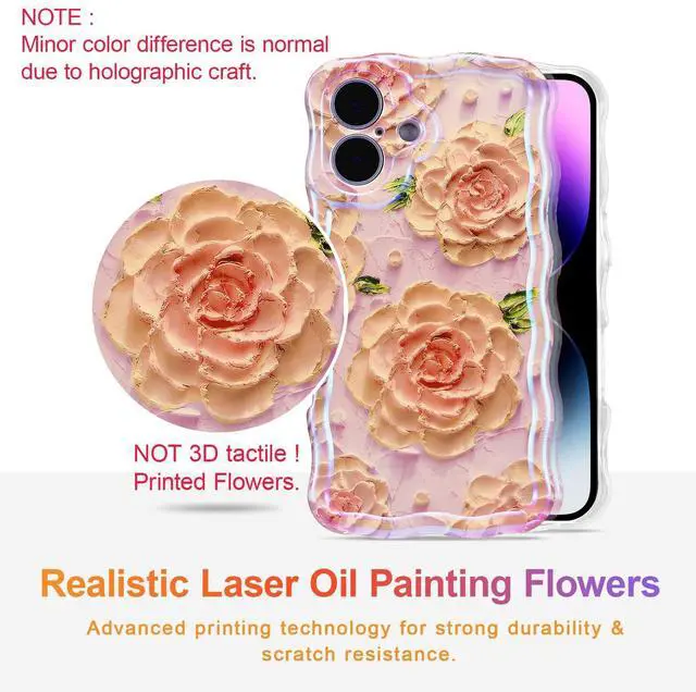 Alt view image 2 of 7 - SOEWIOU Case for iPhone 16 Plus, Colorful Retro Oil Painting Flower Laser Glossy Pattern Cute Curly Wave Edge Exquisite Phone Cover Stylish Durable TPU Protective Case for Girl Women - Pink Peony
