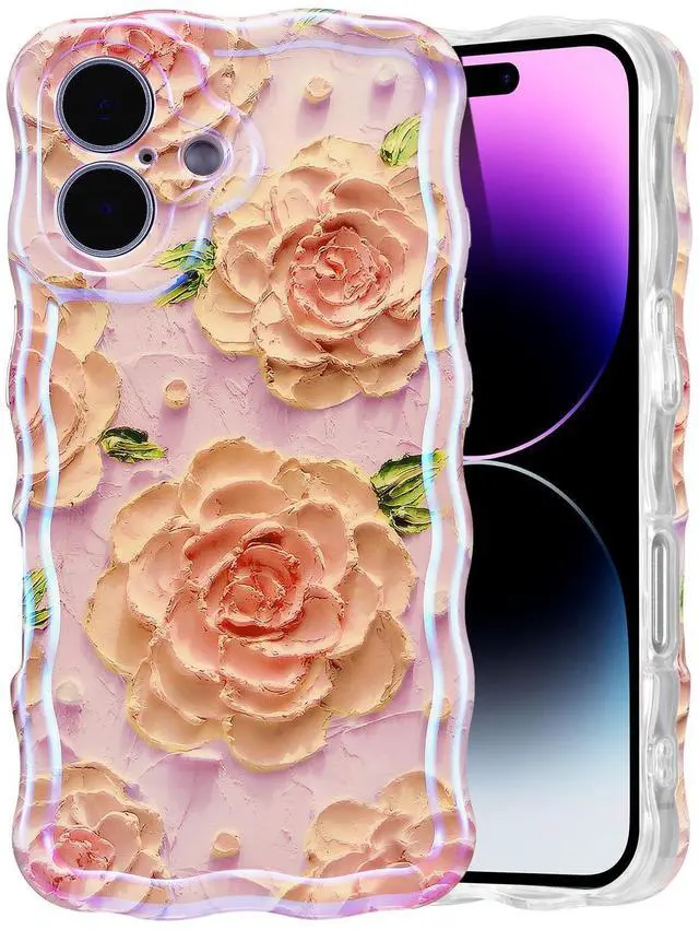 Main image of SOEWIOU Case for iPhone 16 Plus, Colorful Retro Oil Painting Flower Laser Glossy Pattern Cute Curly Wave Edge Exquisite Phone Cover Stylish Durable TPU Protective Case for Girl Women - Pink Peony