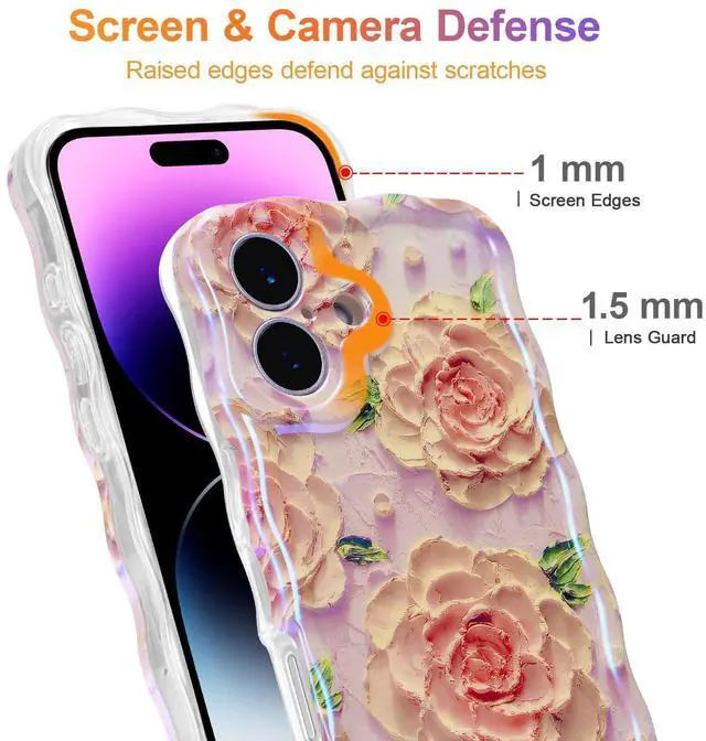 Alt view image 4 of 7 - SOEWIOU Case for iPhone 16 Plus, Colorful Retro Oil Painting Flower Laser Glossy Pattern Cute Curly Wave Edge Exquisite Phone Cover Stylish Durable TPU Protective Case for Girl Women - Pink Peony