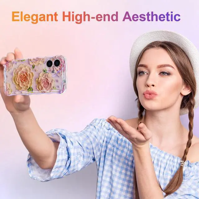 Alt view image 7 of 7 - SOEWIOU Case for iPhone 16 Plus, Colorful Retro Oil Painting Flower Laser Glossy Pattern Cute Curly Wave Edge Exquisite Phone Cover Stylish Durable TPU Protective Case for Girl Women - Pink Peony