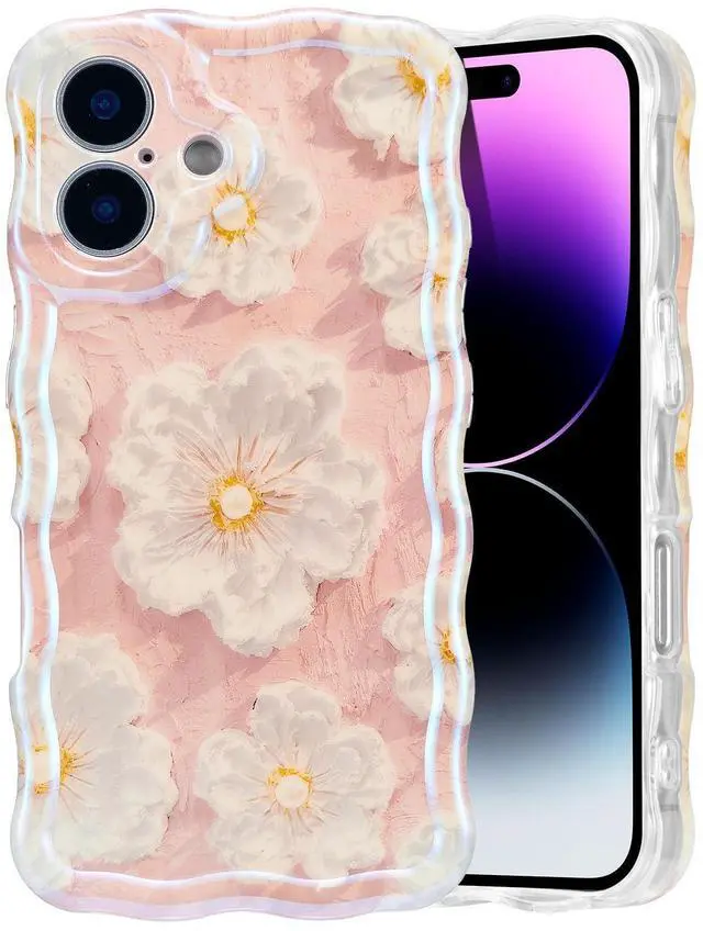 Main image of SOEWIOU Case for iPhone 16 Plus, Colorful Retro Oil Painting Flower Laser Glossy Pattern Cute Curly Wave Edge Exquisite Phone Cover Stylish Durable TPU Protective Case for Girl Women - Light Pink