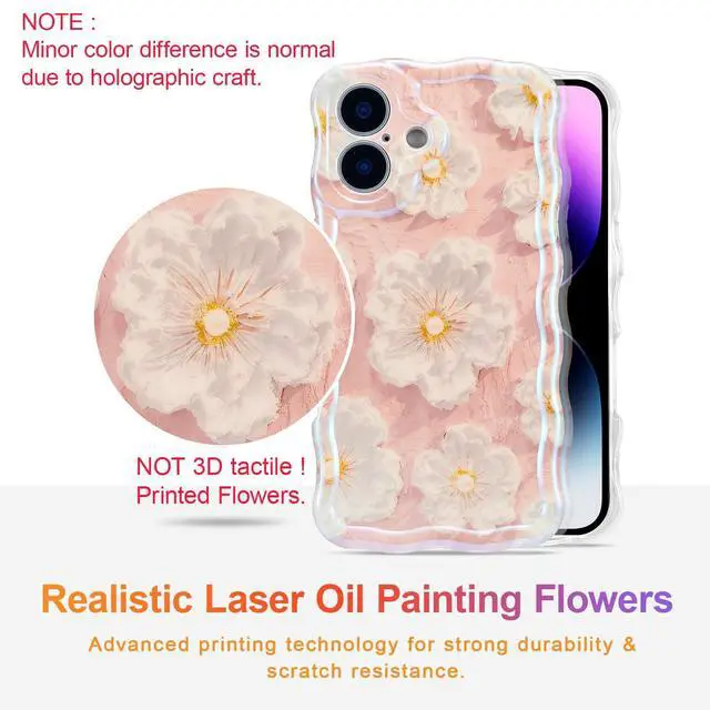Alt view image 2 of 7 - SOEWIOU Case for iPhone 16 Plus, Colorful Retro Oil Painting Flower Laser Glossy Pattern Cute Curly Wave Edge Exquisite Phone Cover Stylish Durable TPU Protective Case for Girl Women - Light Pink