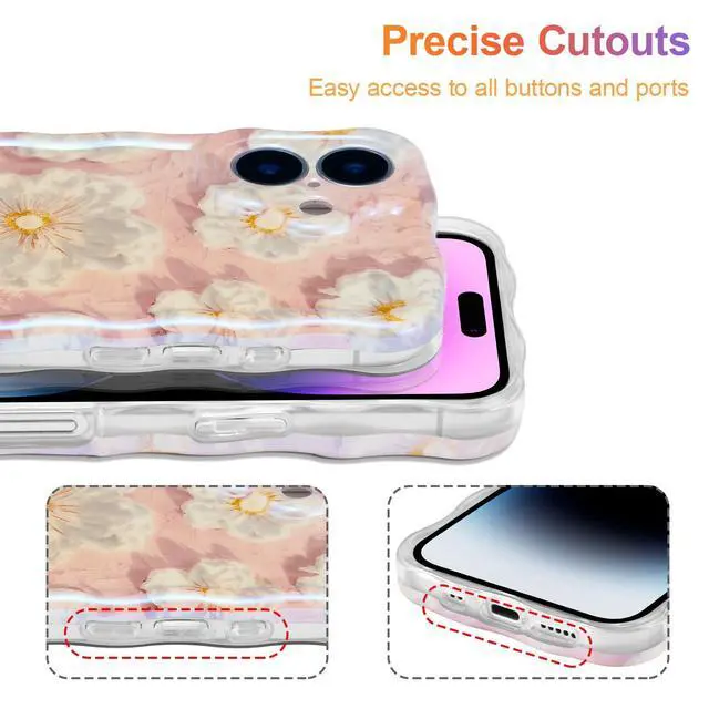 Alt view image 5 of 7 - SOEWIOU Case for iPhone 16 Plus, Colorful Retro Oil Painting Flower Laser Glossy Pattern Cute Curly Wave Edge Exquisite Phone Cover Stylish Durable TPU Protective Case for Girl Women - Light Pink