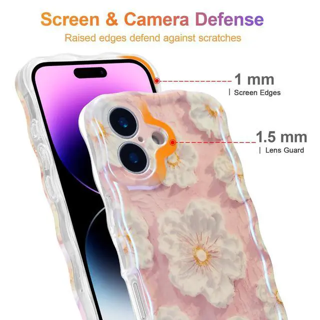 Alt view image 4 of 7 - SOEWIOU Case for iPhone 16 Plus, Colorful Retro Oil Painting Flower Laser Glossy Pattern Cute Curly Wave Edge Exquisite Phone Cover Stylish Durable TPU Protective Case for Girl Women - Light Pink