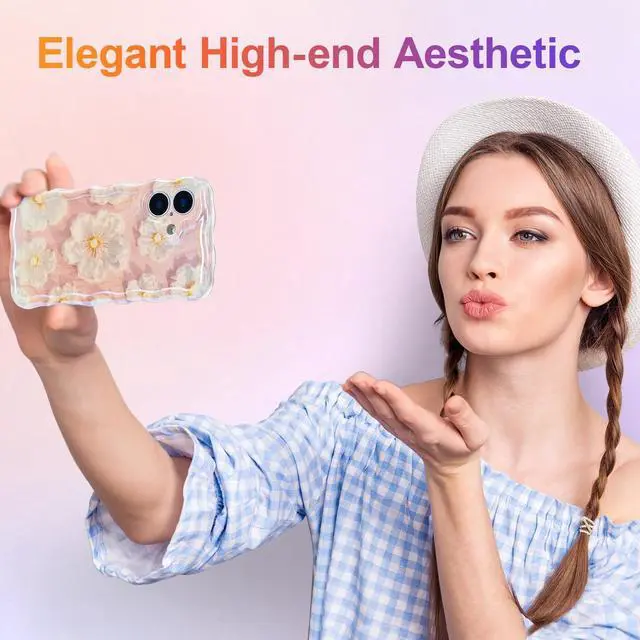 Alt view image 7 of 7 - SOEWIOU Case for iPhone 16 Plus, Colorful Retro Oil Painting Flower Laser Glossy Pattern Cute Curly Wave Edge Exquisite Phone Cover Stylish Durable TPU Protective Case for Girl Women - Light Pink