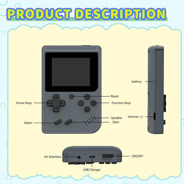Alt view image 6 of 7 - SOEWIOU Retro Gaming Console, Portable Video Game Console with 3.0 inch IPS Screen and Preloaded 400 Classic Video Games, Mini Retro Handheld Game Console (Gray)