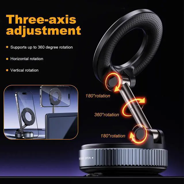 Alt view image 2 of 7 - SOEWIOU Magnetic Phone Holder Car with Vacuum Technology, Mobile Phone Holder, Strong Suction Cup, 360° Adjustable for Dashboard, Windscreen, Compatible with iPhone 12-16 Samsung S24 Ultra, Black
