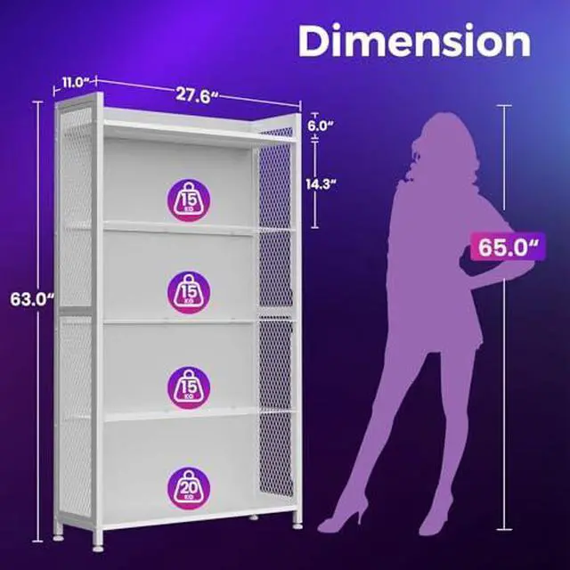 Main image of AODK Display Case with LED Lights, Display Cabinet with Glass Storage Shelves, 4-Tier Curio Cabinet for Collectibles with Open Shelf, White Book Shelf
