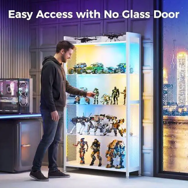 Alt view image 3 of 6 - AODK Display Case with LED Lights, Display Cabinet with Glass Storage Shelves, 4-Tier Curio Cabinet for Collectibles with Open Shelf, White Book Shelf