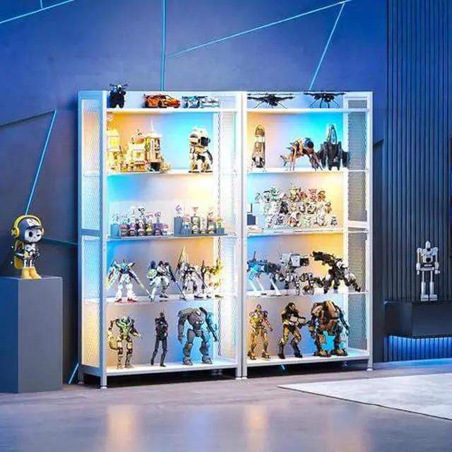 Alt view image 4 of 6 - AODK Display Case with LED Lights, Display Cabinet with Glass Storage Shelves, 4-Tier Curio Cabinet for Collectibles with Open Shelf, White Book Shelf
