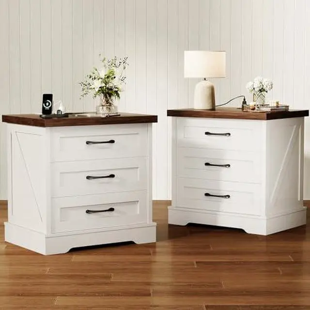 Main image of AODK Farmhouse Nightstands Set of 2, 24 Inch Bedside Tables with Charging Station, End Tables with Three Drawers, Bed Side Tables with Outlet and USB for Bedroom & Living Room, White & Walnut