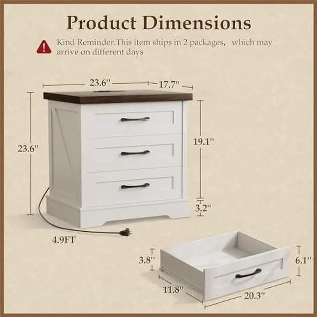 Alt view image 2 of 7 - AODK Farmhouse Nightstands Set of 2, 24 Inch Bedside Tables with Charging Station, End Tables with Three Drawers, Bed Side Tables with Outlet and USB for Bedroom & Living Room, White & Walnut