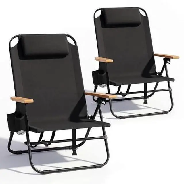 Main image of Cansky 2PCS Portable Beach Chair for Adults, Outdoor Lightweight Camping Chair with Wooden Desgin Armrests, 5-Position Reclining Flat Lay, Cup Holder, Zipper Pouch, Backpack, No Towel Rack, Black