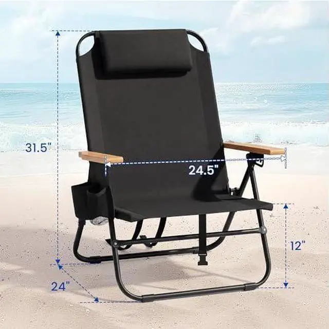 Alt view image 3 of 7 - Cansky 2PCS Portable Beach Chair for Adults, Outdoor Lightweight Camping Chair with Wooden Desgin Armrests, 5-Position Reclining Flat Lay, Cup Holder, Zipper Pouch, Backpack, No Towel Rack, Black