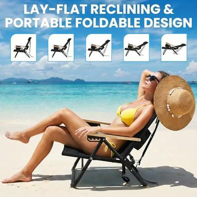 Alt view image 5 of 7 - Cansky 2PCS Portable Beach Chair for Adults, Outdoor Lightweight Camping Chair with Wooden Desgin Armrests, 5-Position Reclining Flat Lay, Cup Holder, Zipper Pouch, Backpack, No Towel Rack, Black