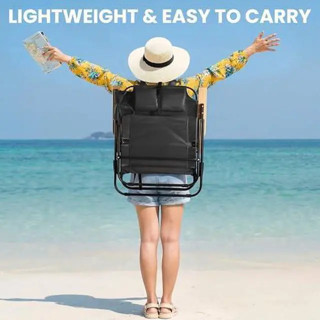Alt view image 4 of 7 - Cansky 2PCS Portable Beach Chair for Adults, Outdoor Lightweight Camping Chair with Wooden Desgin Armrests, 5-Position Reclining Flat Lay, Cup Holder, Zipper Pouch, Backpack, No Towel Rack, Black