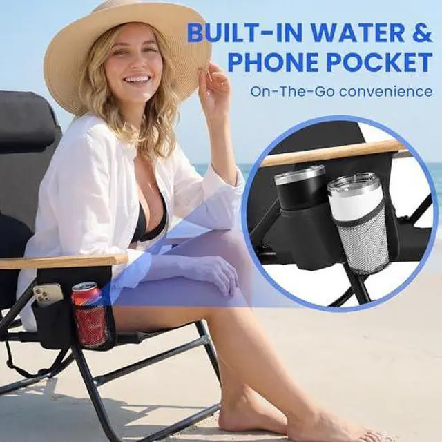Alt view image 6 of 7 - Cansky 2PCS Portable Beach Chair for Adults, Outdoor Lightweight Camping Chair with Wooden Desgin Armrests, 5-Position Reclining Flat Lay, Cup Holder, Zipper Pouch, Backpack, No Towel Rack, Black