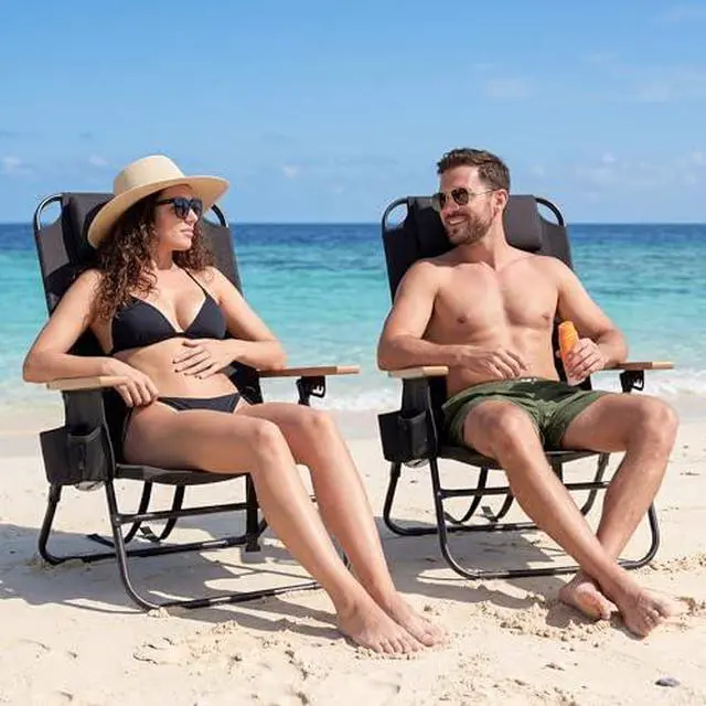 Alt view image 2 of 7 - Cansky 2PCS Portable Beach Chair for Adults, Outdoor Lightweight Camping Chair with Wooden Desgin Armrests, 5-Position Reclining Flat Lay, Cup Holder, Zipper Pouch, Backpack, No Towel Rack, Black