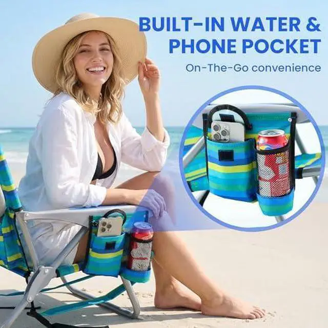 Alt view image 5 of 7 - 2PCS Portable Beach Chair for Adults, Outdoor Lightweight Camping Chair, 5-Position Lay Flat Reclining Backpack Beach Chair with Headrest, Cup Holder, Zipper Pouch & Storage Pocket, Striped