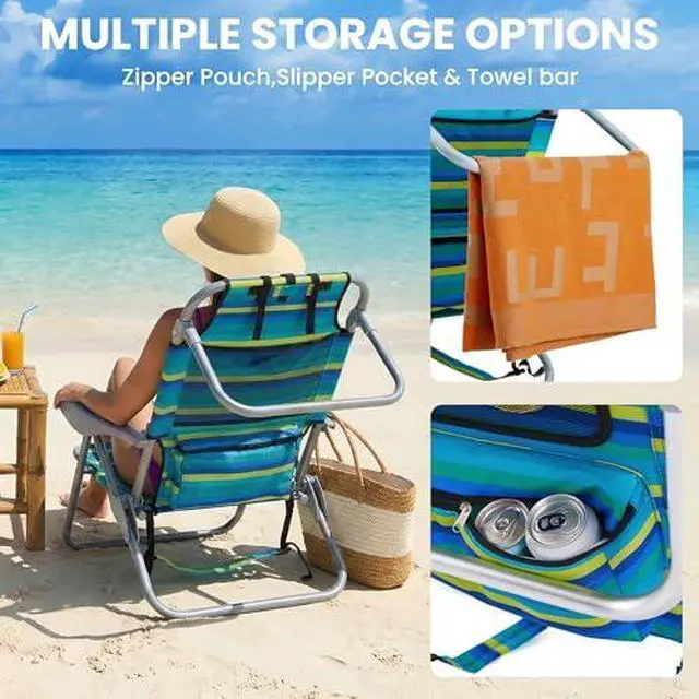 Alt view image 6 of 7 - 2PCS Portable Beach Chair for Adults, Outdoor Lightweight Camping Chair, 5-Position Lay Flat Reclining Backpack Beach Chair with Headrest, Cup Holder, Zipper Pouch & Storage Pocket, Striped