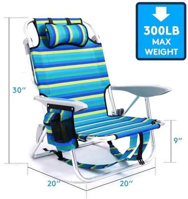 Alt view image 3 of 3 - Portable Beach Chair for Adults, Outdoor Lightweight Camping Chair Lay Flat Folding Backpack Beach Reclining Chair with 5 Positions, Headrest, Zipper Pouch, Cup Holder, Striped