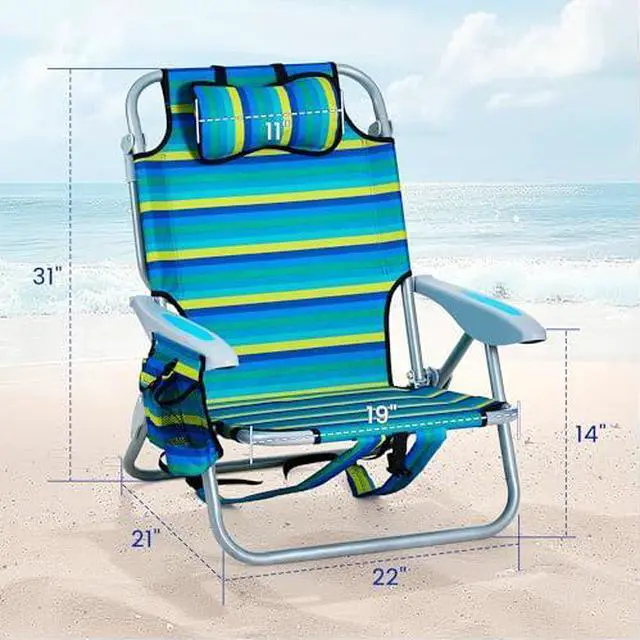 Alt view image 3 of 7 - 2PCS Portable Beach Chair for Adults, Outdoor Lightweight Camping Chair, 5-Position Lay Flat Reclining Backpack Beach Chair with Headrest, Cup Holder, Zipper Pouch & Storage Pocket, Striped
