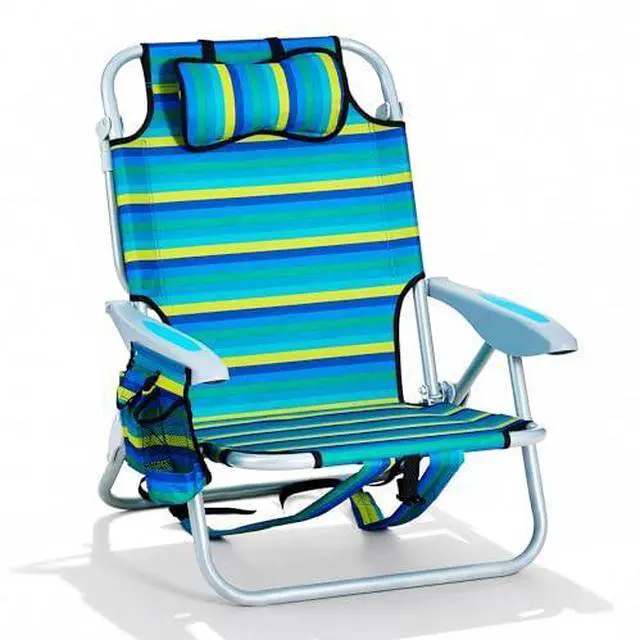 Main image of Portable Beach Chair for Adults, Outdoor Lightweight Camping Chair Lay Flat Folding Backpack Beach Reclining Chair with 5 Positions, Headrest, Zipper Pouch, Cup Holder, Striped