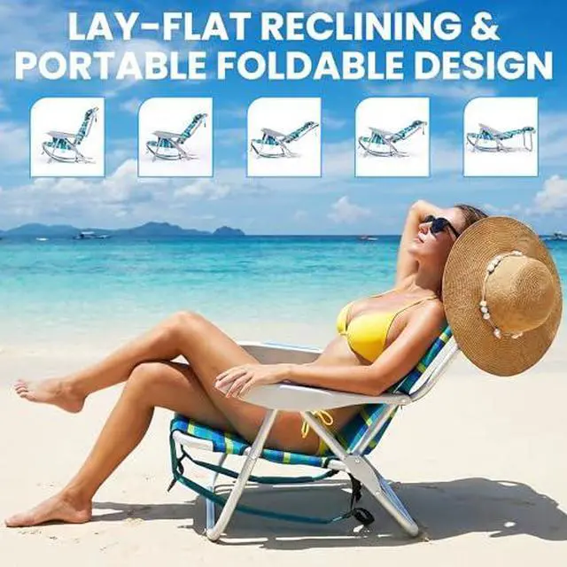 Alt view image 4 of 7 - 2PCS Portable Beach Chair for Adults, Outdoor Lightweight Camping Chair, 5-Position Lay Flat Reclining Backpack Beach Chair with Headrest, Cup Holder, Zipper Pouch & Storage Pocket, Striped
