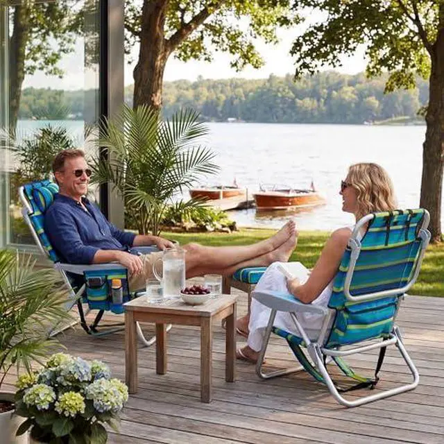 Alt view image 2 of 7 - 2PCS Portable Beach Chair for Adults, Outdoor Lightweight Camping Chair, 5-Position Lay Flat Reclining Backpack Beach Chair with Headrest, Cup Holder, Zipper Pouch & Storage Pocket, Striped