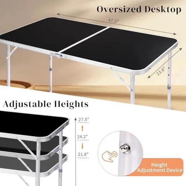 Alt view image 3 of 7 - 4 Foot Folding Table 3-Position Adjustable Height, 5Pack Lightweight Fold-in-Half Utility Table for Outdoor Picnic BBQ Camping Fishing RV Beach, Aluminum Frame, MDF Desktop, Carrying Handle