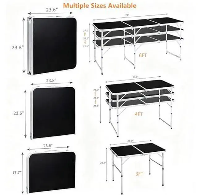 Alt view image 5 of 7 - 4 Foot Folding Table 3-Position Adjustable Height, 5Pack Lightweight Fold-in-Half Utility Table for Outdoor Picnic BBQ Camping Fishing RV Beach, Aluminum Frame, MDF Desktop, Carrying Handle