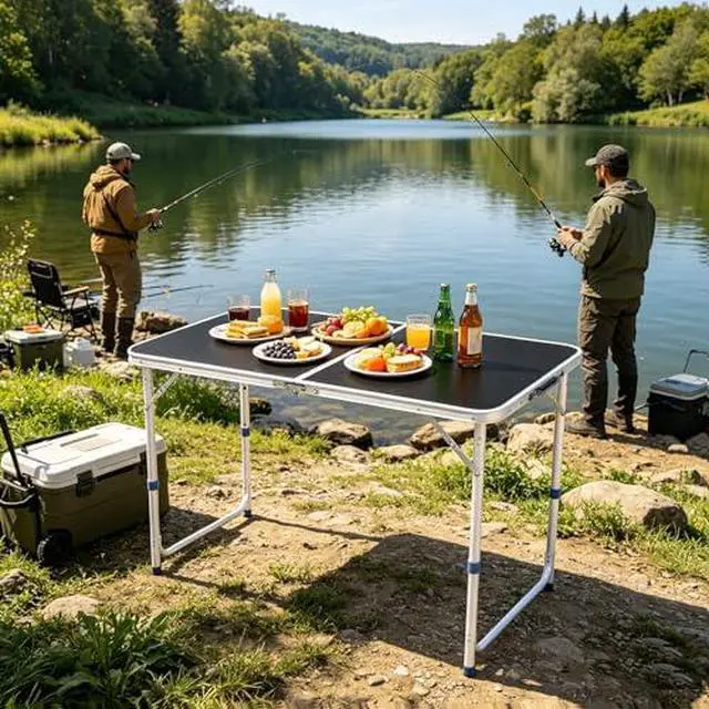 Alt view image 2 of 7 - 4 Foot Folding Table 3-Position Adjustable Height, 5Pack Lightweight Fold-in-Half Utility Table for Outdoor Picnic BBQ Camping Fishing RV Beach, Aluminum Frame, MDF Desktop, Carrying Handle