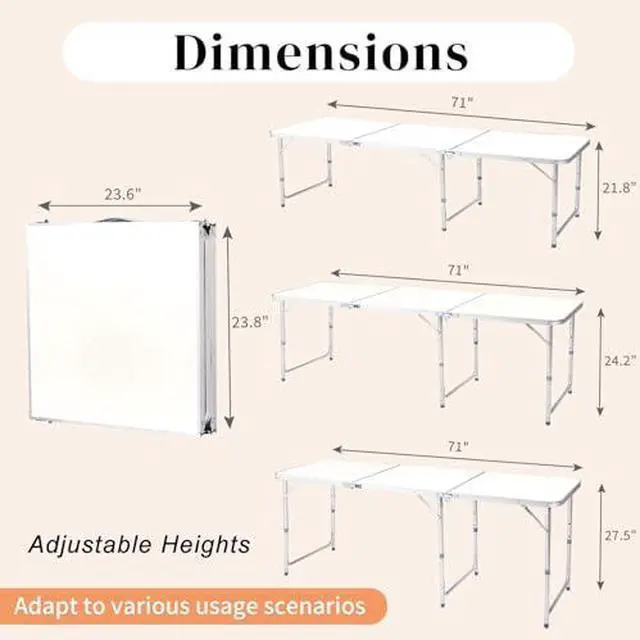 Alt view image 3 of 7 - 6FT Tri-Fold Dining Table 10 Pack, Portable Aluminum Picnic Table with Adjustable Height, Foldable Lightweight Collapsible Camp Tables Desks with Carrying Handle for Indoor Outdoor Events