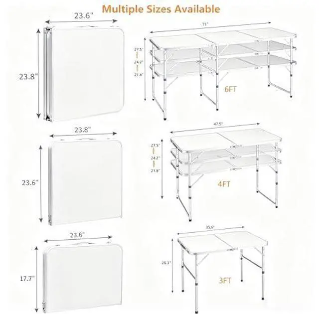 Alt view image 6 of 7 - 6FT Tri-Fold Dining Table 10 Pack, Portable Aluminum Picnic Table with Adjustable Height, Foldable Lightweight Collapsible Camp Tables Desks with Carrying Handle for Indoor Outdoor Events