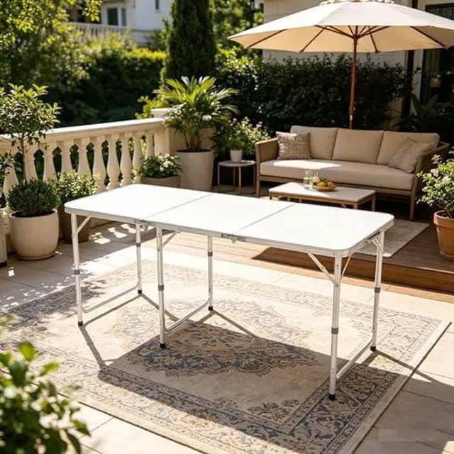 Alt view image 2 of 7 - 6FT Tri-Fold Dining Table 10 Pack, Portable Aluminum Picnic Table with Adjustable Height, Foldable Lightweight Collapsible Camp Tables Desks with Carrying Handle for Indoor Outdoor Events